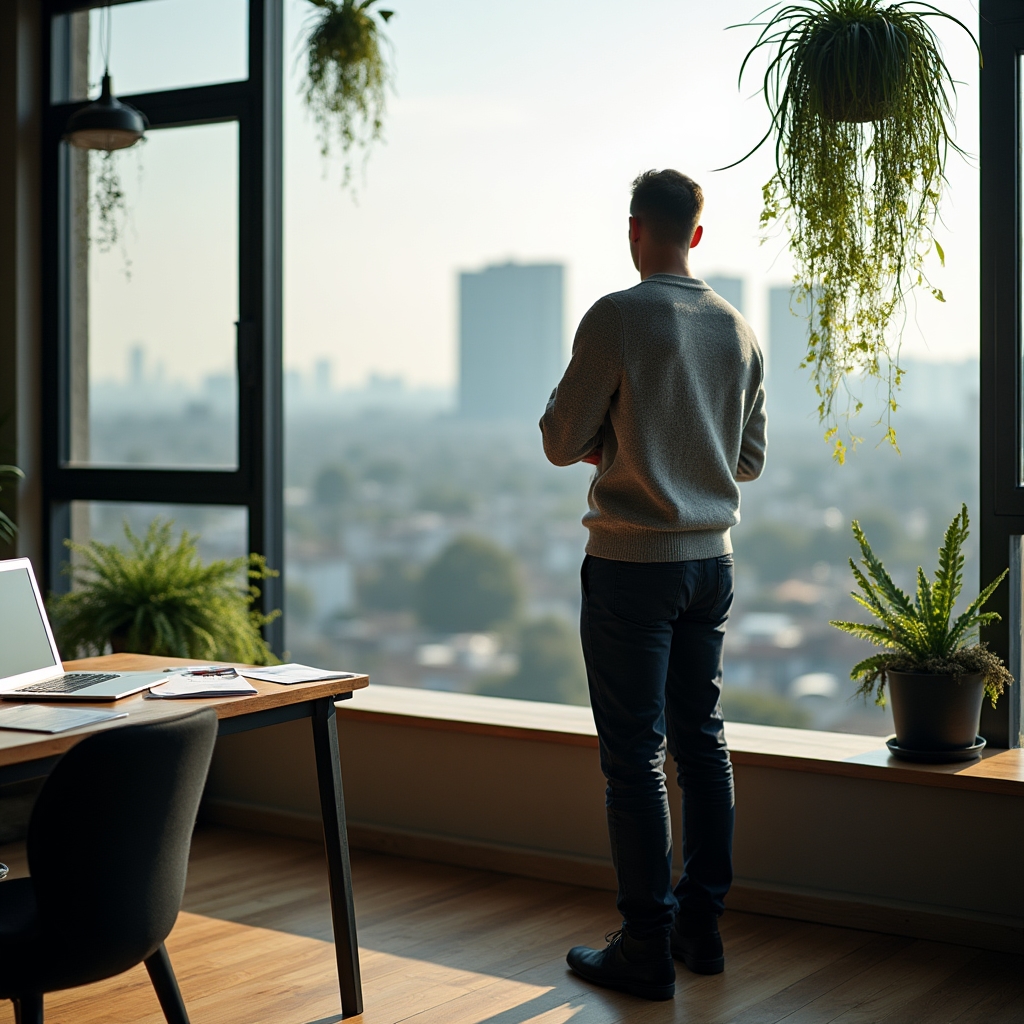 Person looking out a large window with a thoughtful, distant expression, papers and a laptop visible but untouched on the desk behind them