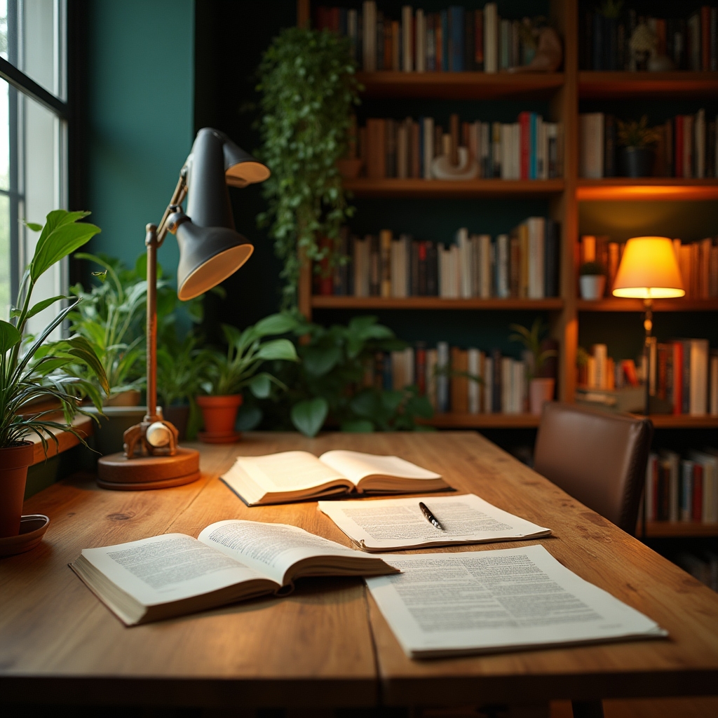 Open books and research papers spread on a wooden desk with a warm reading lamp, creating an atmosphere of careful study and intellectual engagement